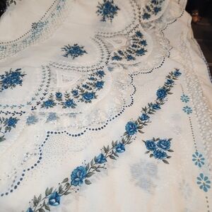 Lace Table Cloth W/ Blue Roses, Oval 76 Inch X 82 Inch Vintage Cottagecore